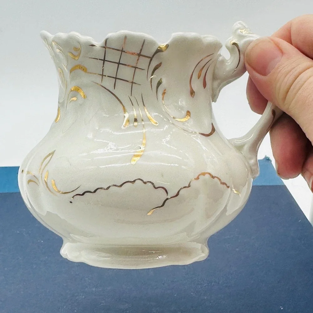 Dresden Vintage Porcelain Creamer Gold Gilt Filigree Scalloped White Pitcher